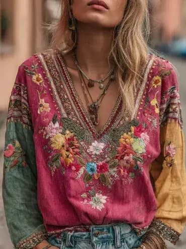 Chemise décontractée à col en V imprimée pour femmes, chemises à manches longues, hauts à la mode, s