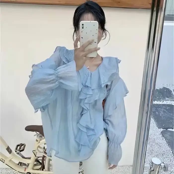 Xgoth à volants col en v manches à bulles Blouses femmes vêtements printemps/automne nouveau élégant minceur