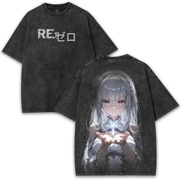 T-shirt Anime Re:ZERO Emilia pour hommes, vêtements de rue, style délavé, surdimensionné, manches co