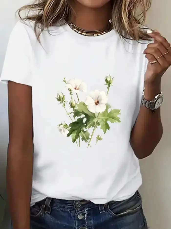 Coton 100% un nouveau T-shirt à manches courtes le plus vendu pour les vêtements pour femmes avec des fleurs de plantes européennes et américaines imprimées esthétiques
