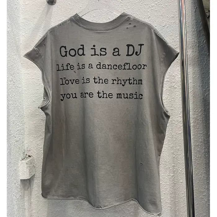 High Street sale endommagé trou dieu est un DJ débardeurs hommes femmes surdimensionné Saint manches-coupées T-Shirt
