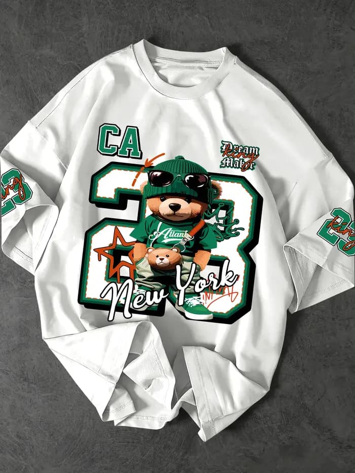 T-shirt pour homme, imprimé multi-positions Hip-Hop Teddy Bear avec le numéro 23 et le texte New York