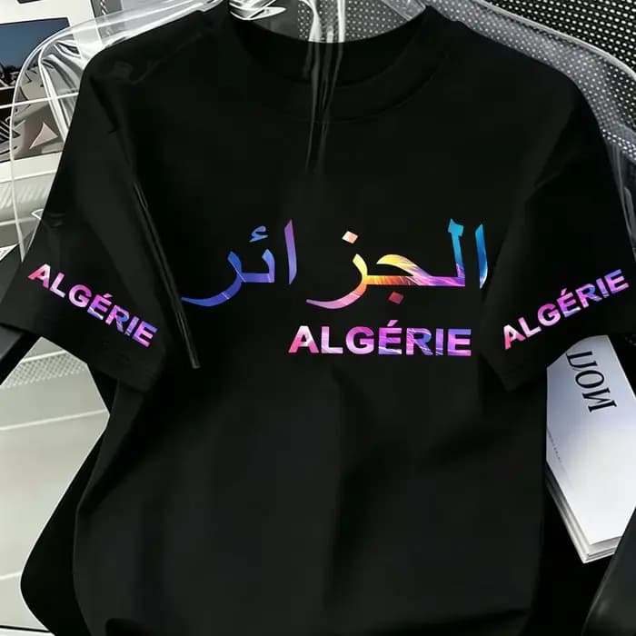 T-shirt décontracté d'été pour homme 100 % coton avec script arabe algérien, manches courtes, fierté