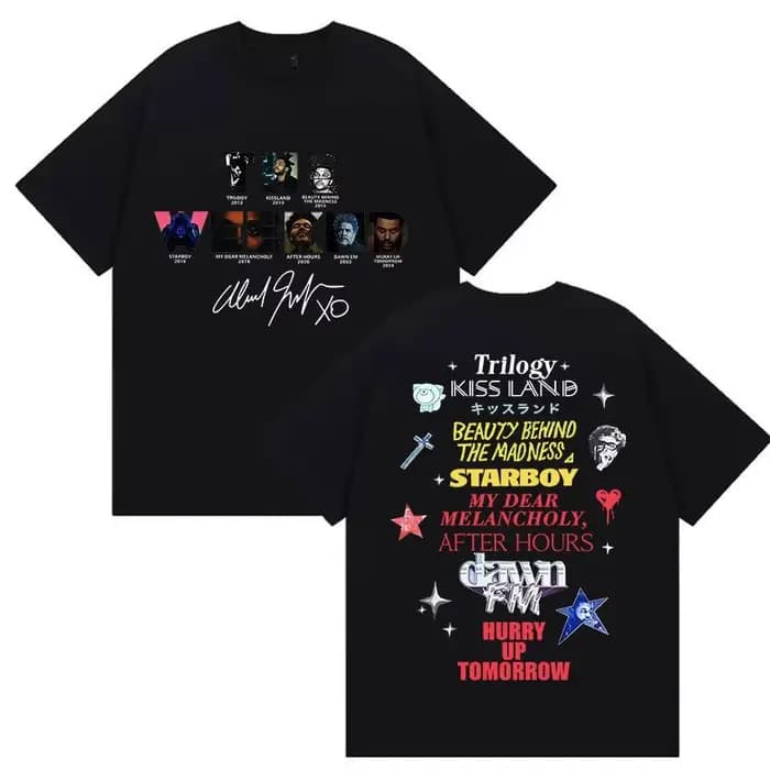 T-shirt graphique The Weeknd avec la discographie complète de l'artiste, en coton noir, à manches co
