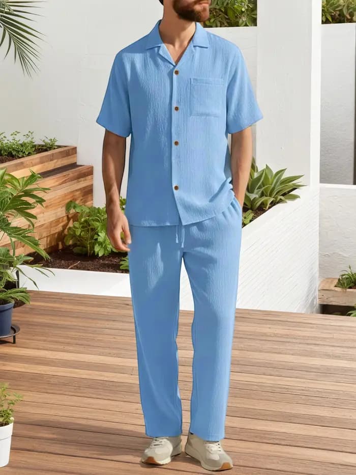 Ensembles décontractés deux pièces pour hommes – Hauts à revers à manches courtes et pantalons longs de couleur unie –