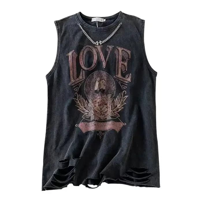 Harajuku Vintage en détresse lavé déchiré gilet T-shirt femmes été ample imprimé haut sans manches t
