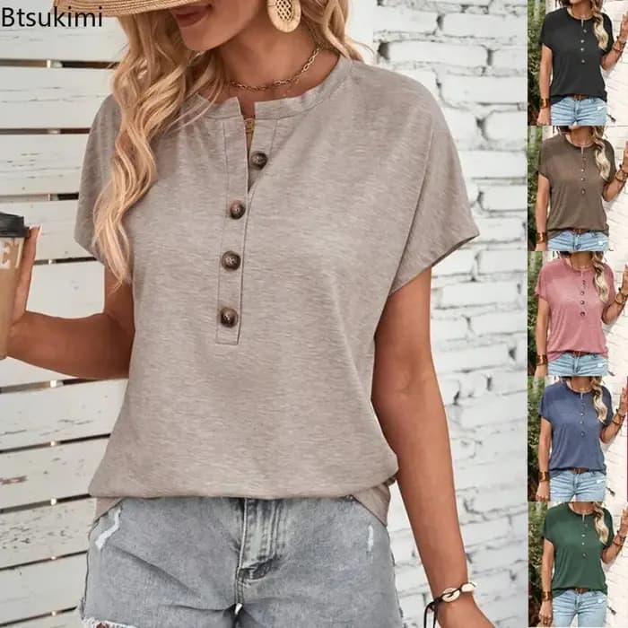 T-shirts décontractés amples à manches courtes et boutons de couleur unie pour femmes