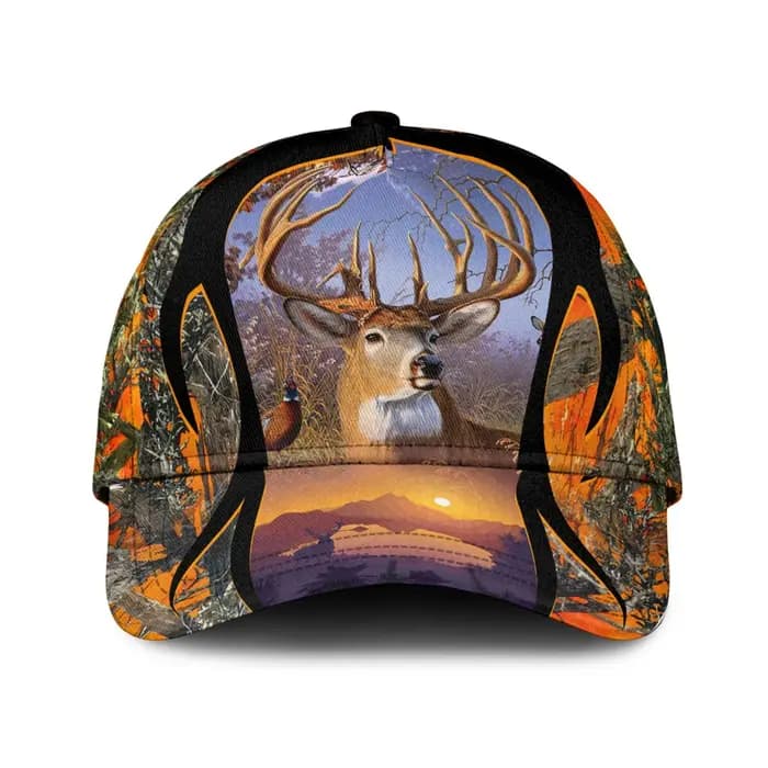 Casquette de baseball camouflage orange avec énorme cerf et coucher de soleil imprimé flammes vibrantes pour la chasse chapeau d'extérieur réglable pour hommes et femmes