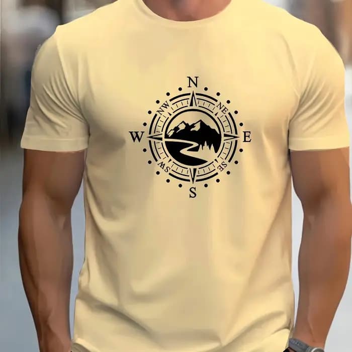 T-shirt manches courtes col rond homme, 100_ coton, décontracté, ample, grand motif de boussole impr