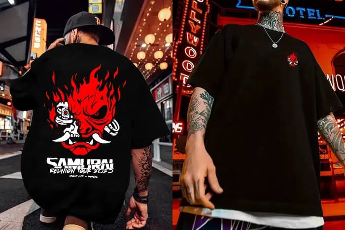 T-shirt pour homme à motif samouraï japonais - Noir avec imprimé flamme rouge au dos, T-shirt décont