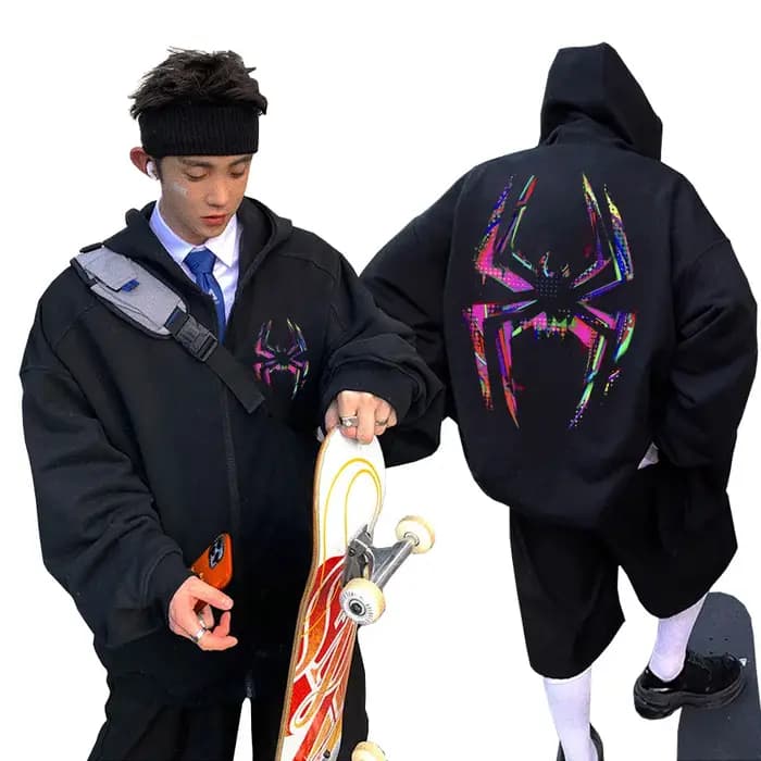 Sweat à capuche zippé imprimé araignée pour hommes