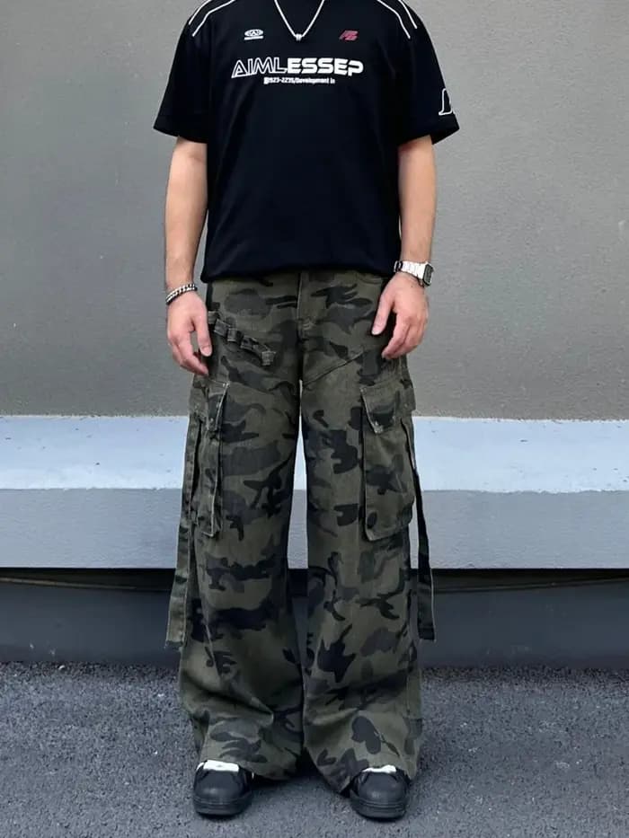 Nouveau Jean Cargo Baggy Camouflage Streetwear Cyber Y2K 2026 pour Homme – Coupe Droite Multi-Poches