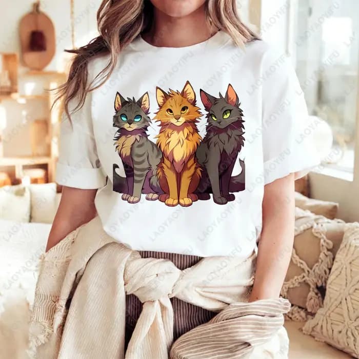T-shirt unisexe en coton avec personnage du clan des guerriers chats