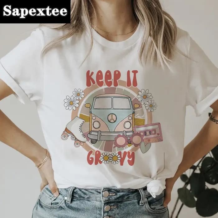 T-shirt à manches courtes imprimé voiture rétro pour femmes