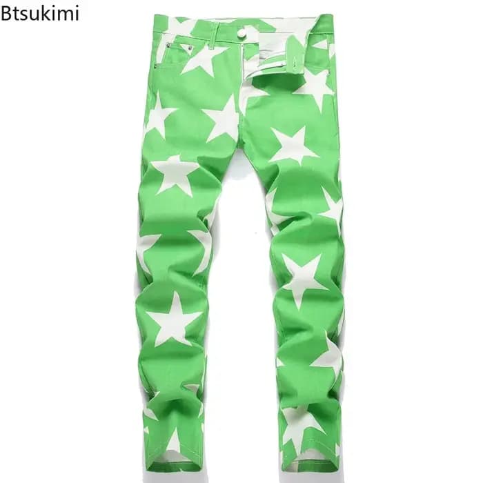 Nouvelle Collection 2026 – Jean Homme Tendance Y2K Imprimé Étoiles – Pantalon en Denim Extensible Couleurs Fantaisie – Coupe Slim Droite Printemps