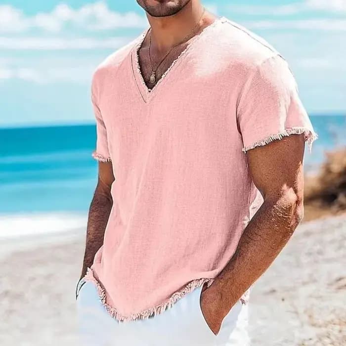Bord de mer plage décontracté hommes lin t-shirts mode d'été couleur unie respirant T-shirt