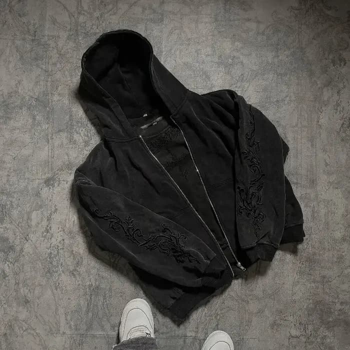 Sweat à capuche zippé brodé Y2K Gothique pour Hommes et Femmes