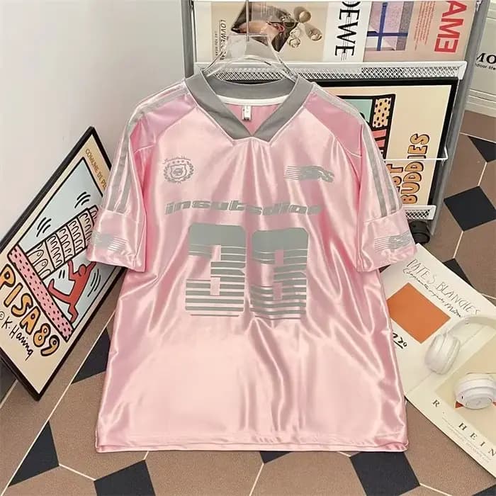 T-shirt de baseball à imprimé numérique coupe ample, col en V, manches courtes, unisexe, streetwear