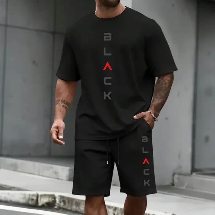 Ensemble T-shirt et short imprimé lettres noires pour homme – Tenue décontractée sportive d'été à manches courtes – Mode urbaine Streetwear