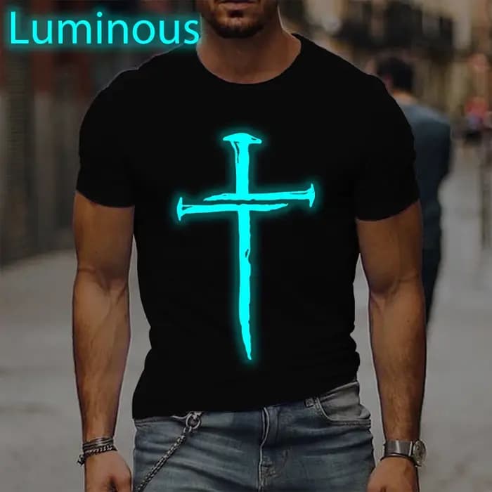 T-shirts unisexes vintage à manches courtes avec imprimé croix lumineuse Jésus