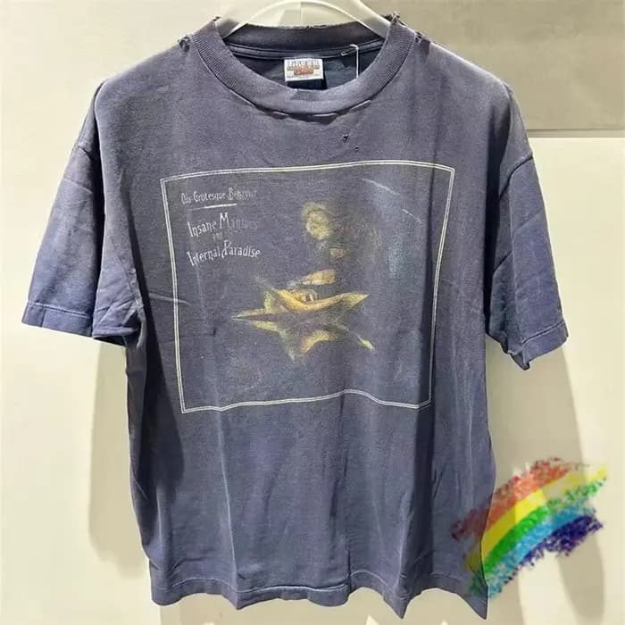 T-Shirt Bleu Délavé Vintage pour Homme et Femme, de Haute Qualité