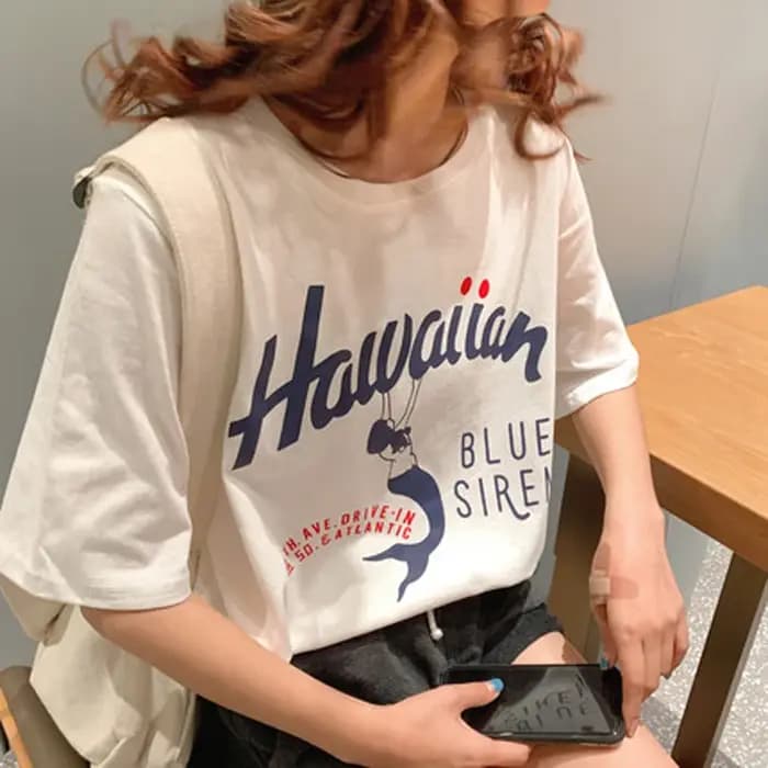 T-shirt graphique hawaïen pour femmes, ample, avec dessin animé imprimé, vacances, Harajuku