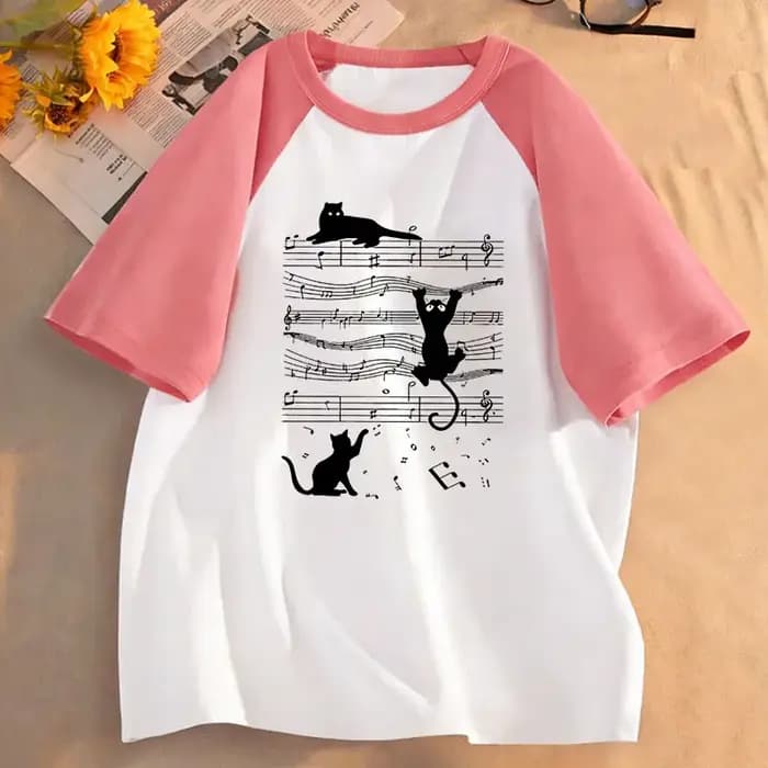 T-shirts Kawaii à la mode avec motif chat musical
