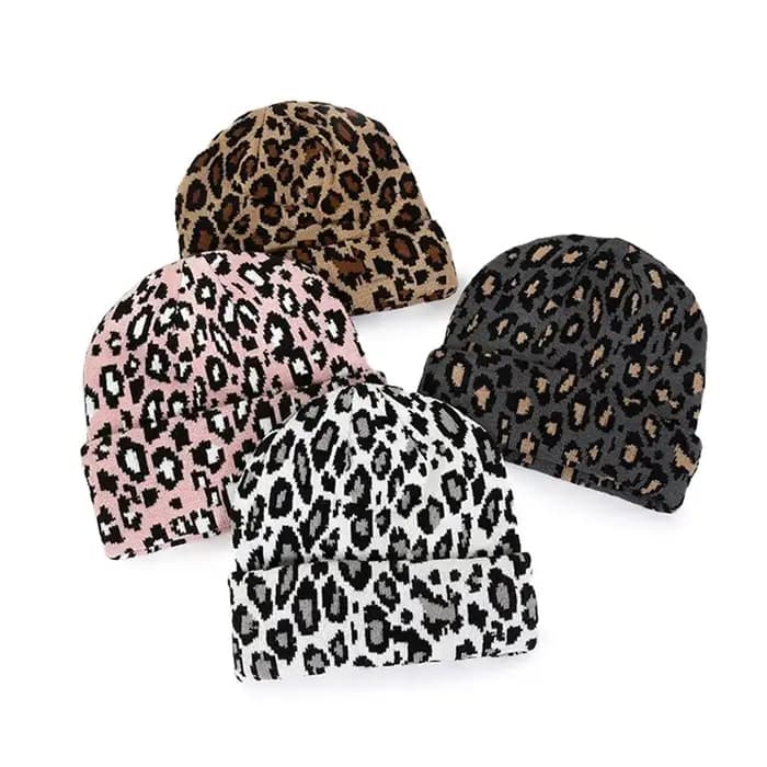 Bonnet tricoté doux imprimé léopard style Y2K
