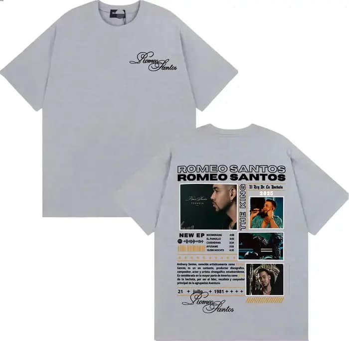Rappeur Romeo Santos le roi Tormula Tour 2025 T-shirts graphiques vêtements pour hommes mode Hip Hop col rond coton