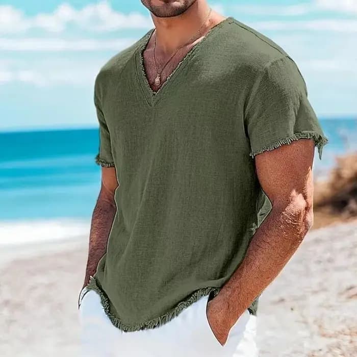 Bord de mer plage décontracté hommes lin t-shirts mode d'été couleur unie respirant T-shirt