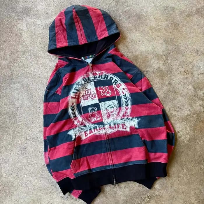 Sweat à capuche pour hommes Vintage Streetwear rouge noir rayé sweat-shirt zippé vie d'erreurs imprimé coupe ample en détresse rétro Cool mode
