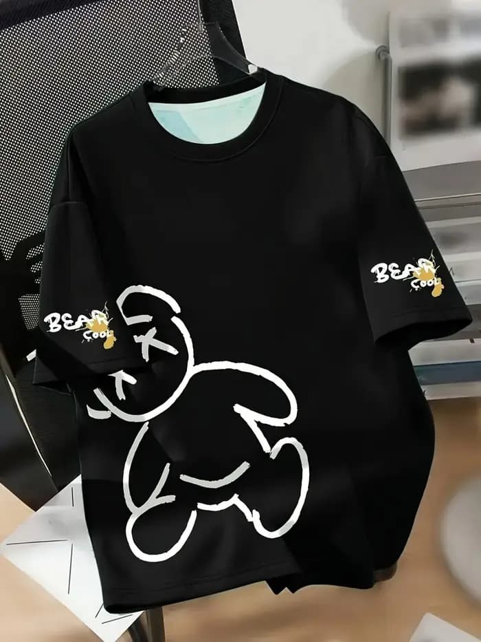 T-shirt d'été respirant pour homme à col rond avec imprimé ours de dessin animé