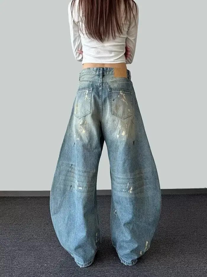 2025 Ropa Y2K mode peinture à l'encre Vintage bleu Baggy jean pantalon pour femmes vêtements vieille jambe large dame