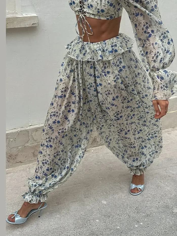 Ensemble haut court et pantalon de jogging imprimé rétro pour femmes