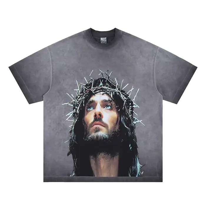 Tie dye pour vintage épine jésus imprimé T-shirt hommes femmes