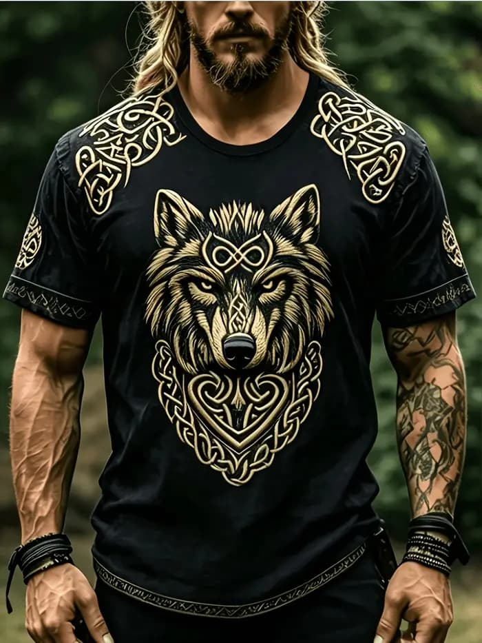 T-shirt décontracté à manches courtes pour homme avec motif tête de loup : style élégant