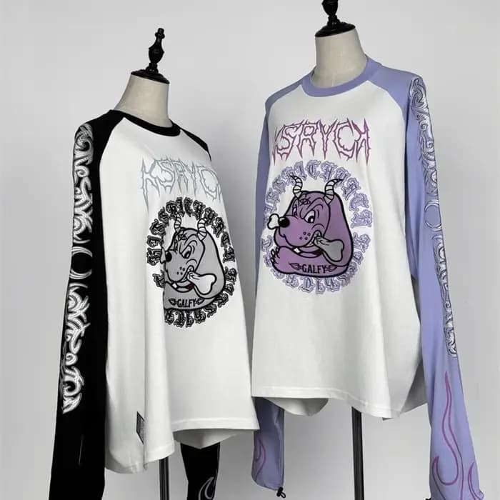 Japonais Harajuku Streetwear co-marqué sous-culture tatouage broderie flamme à manches longues T-Shirt