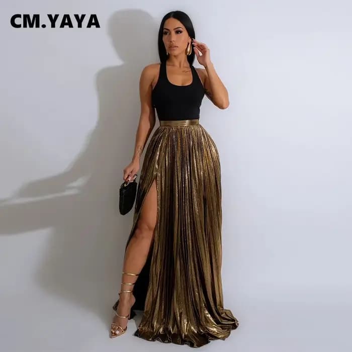 CM.YAYA-Jupe longue plissée avec fente latérale haute pour femme