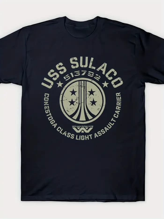 T-shirt bleu marine USS Sulaco avec un véhicule à lance lourd de Alien Covenant