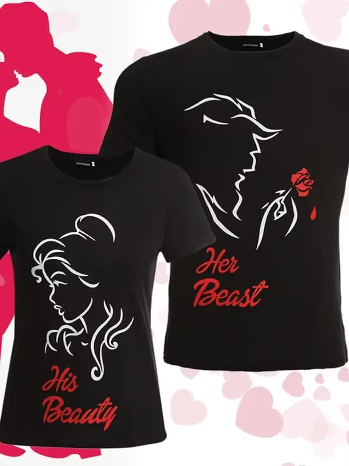 Sa beauté sa bête imprimer Couple t-shirt à manches courtes col rond ample roi reine