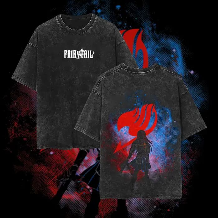 T-shirt vintage délavé à imprimé graphique Fairy Tail Erza Scarlet pour hommes et femmes