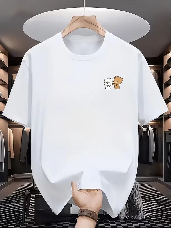 T-shirt graphique ours Anime, style streetwear tendance Harajuku, décontracté, col rond, blanc, manc