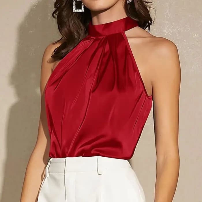 Débardeur élégant en Satin à col licou pour femme, t-shirt sans manches de couleur unie, haut court