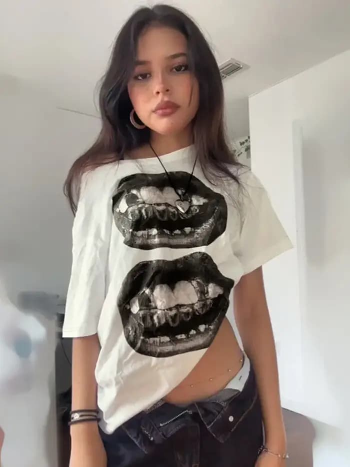 American Street Hip Hop bouche imprimé T-shirt ample femmes personnalisé haut décontracté