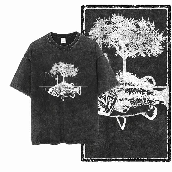 YB FISHING THEME imprimé coton lavé à l'acide graphique exclusif unisexe t-shirt Cool Streetwear hommes t-shirts grande