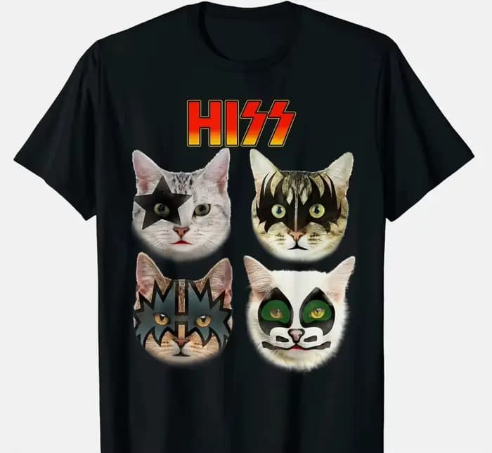 T-shirt décontracté en coton doux avec imprimé chat HISS KISS Band pour les fans de musique rock et les amoureux des