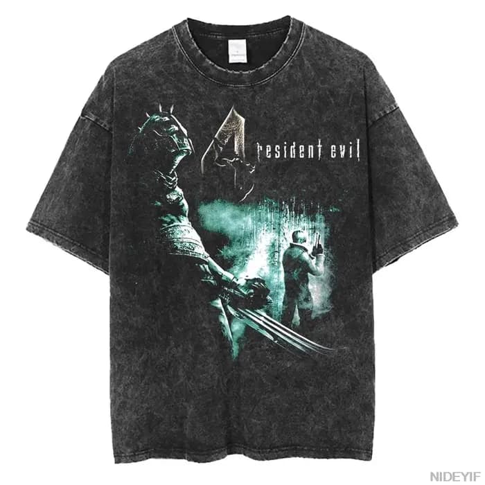 T-shirt rétro délavé avec motif imprimé Biohazard des années 1990