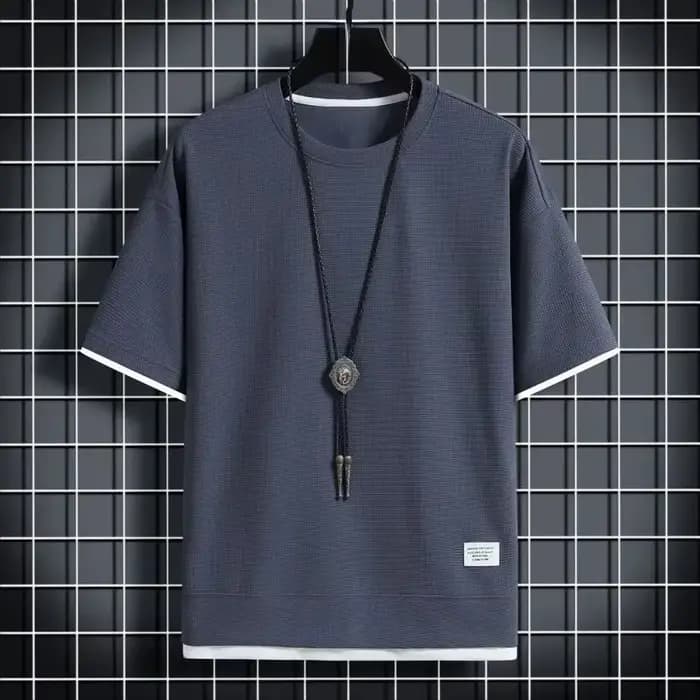T-shirt ample à manches courtes pour homme, col rond, fin, tendance, avec empiècements, demi-manches