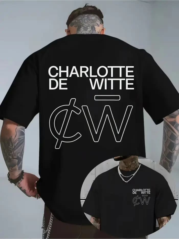 Design de t-shirt amusant : logo Charlotte De Witte CW avec contour blanc sur fond noir. Chemise streetwear tendance toutes saisons.