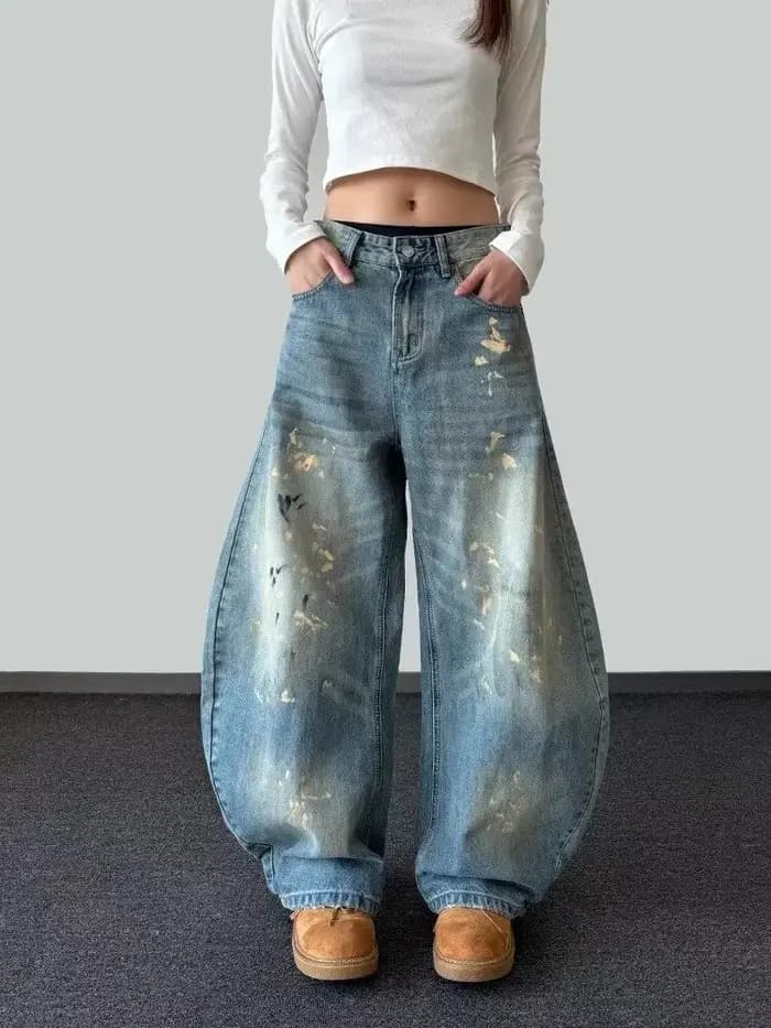 2025 Ropa Y2K mode peinture à l'encre Vintage bleu Baggy jean pantalon pour femmes vêtements vieille jambe large dame